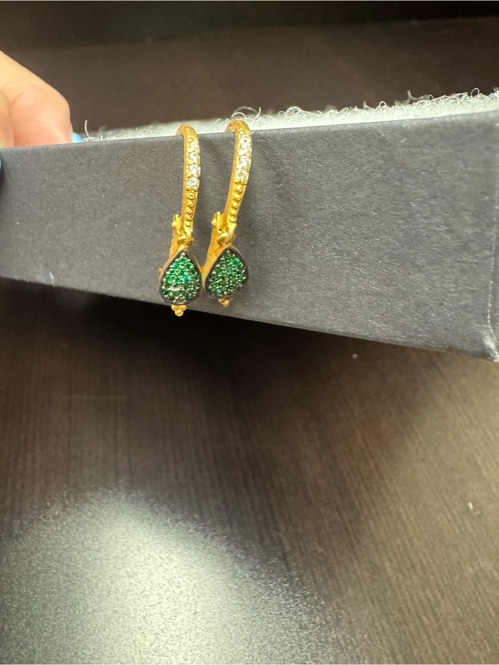 Pair of Freida Rothman Emerald Green Pave Hinge Earrings Gold Tone -New
